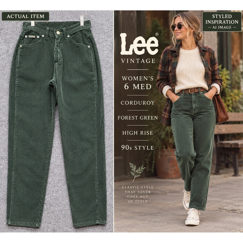 Lee Corduroy Pants Women's High Rise Tapered Green 6 MED Excellent Vintage 90s